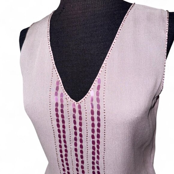 DKNY Lilac Silk Sheer Beaded V-Neck Tank Size Small - Picture 2 of 8